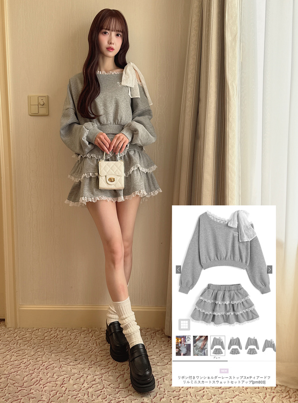 リボン付きワンショルダーレーストップス×ティアードフリルミニスカートスウェットセットアップ