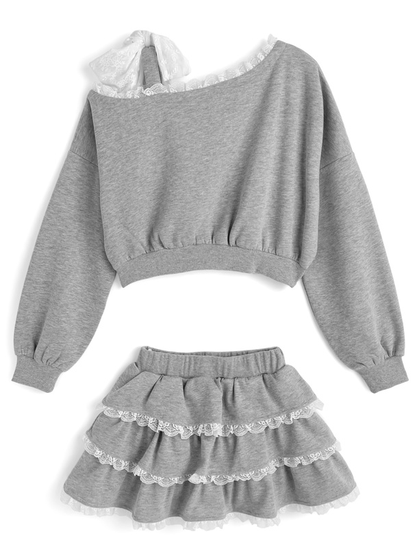 リボン付きワンショルダーレーストップス×ティアードフリルミニスカートスウェットセットアップ