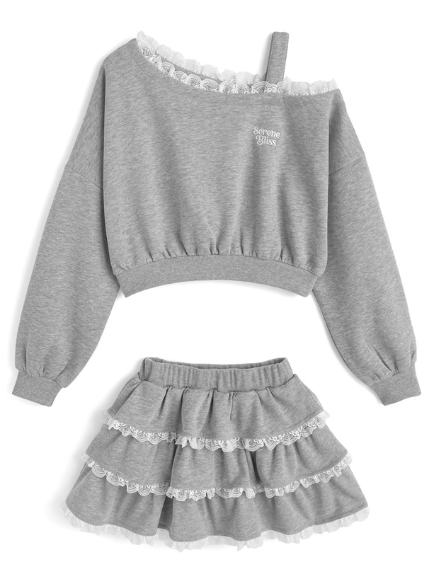 リボン付きワンショルダーレーストップス×ティアードフリルミニスカートスウェットセットアップ