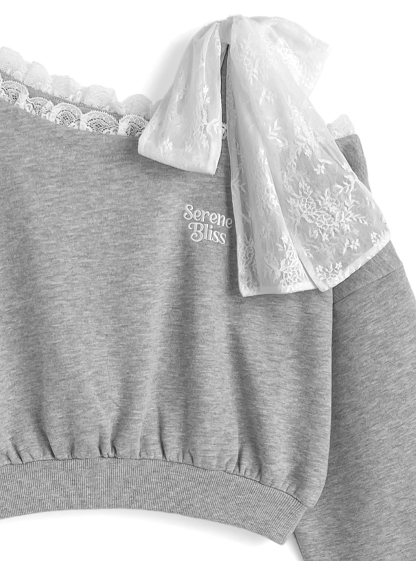 リボン付きワンショルダーレーストップス×ティアードフリルミニスカートスウェットセットアップ