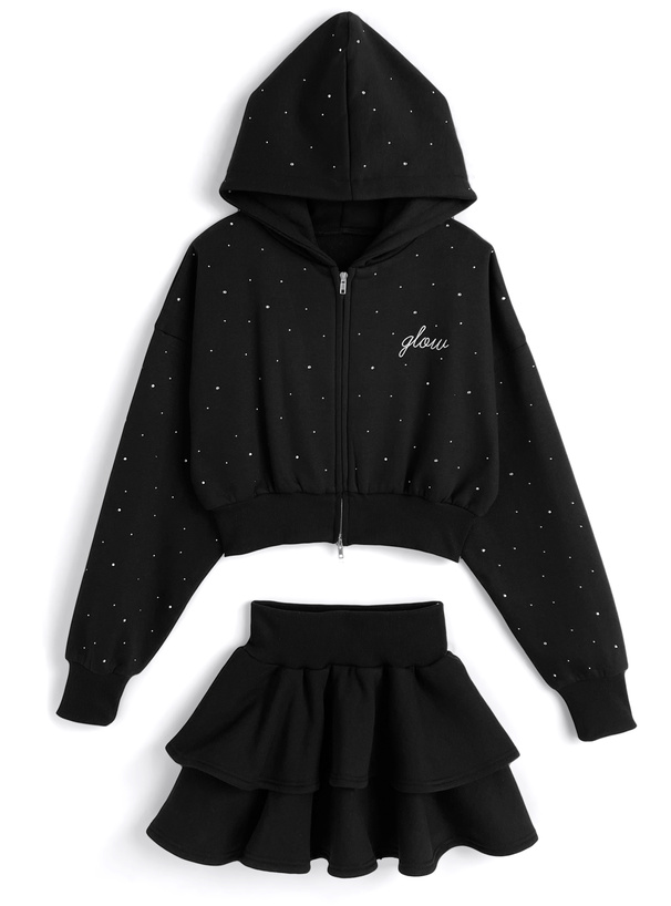 ラインストーンパーカー×ティアードフリルミニスカートスウェットセットアップ