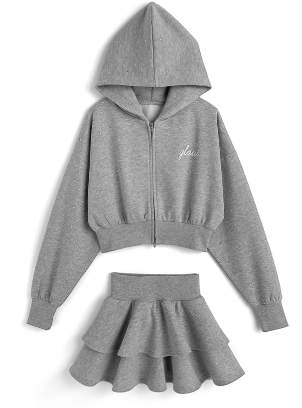 ラインストーンパーカー×ティアードフリルミニスカートスウェットセットアップ