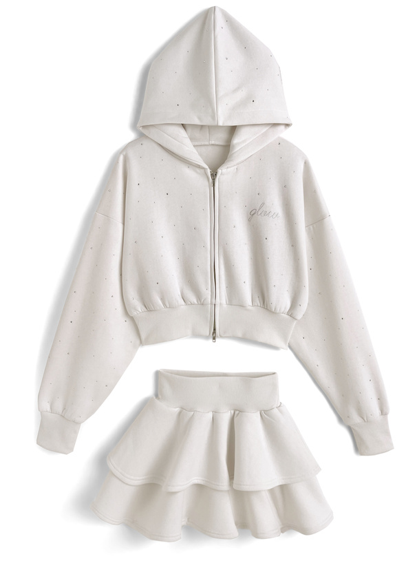 ラインストーンパーカー×ティアードフリルミニスカートスウェット