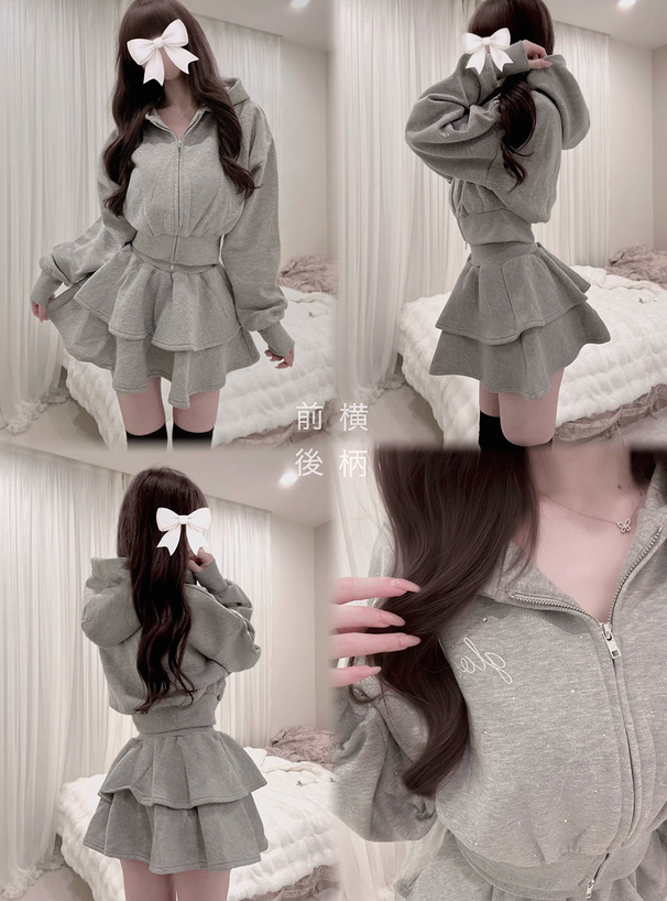 ラインストーンパーカー×ティアードフリルミニスカートスウェット