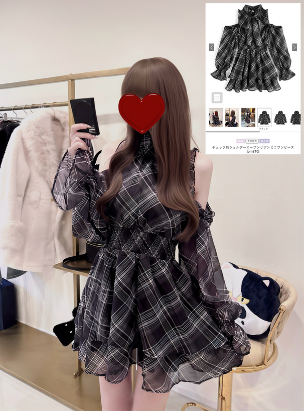 チェック柄ショルダーオープンリボンミニワンピース[pm810