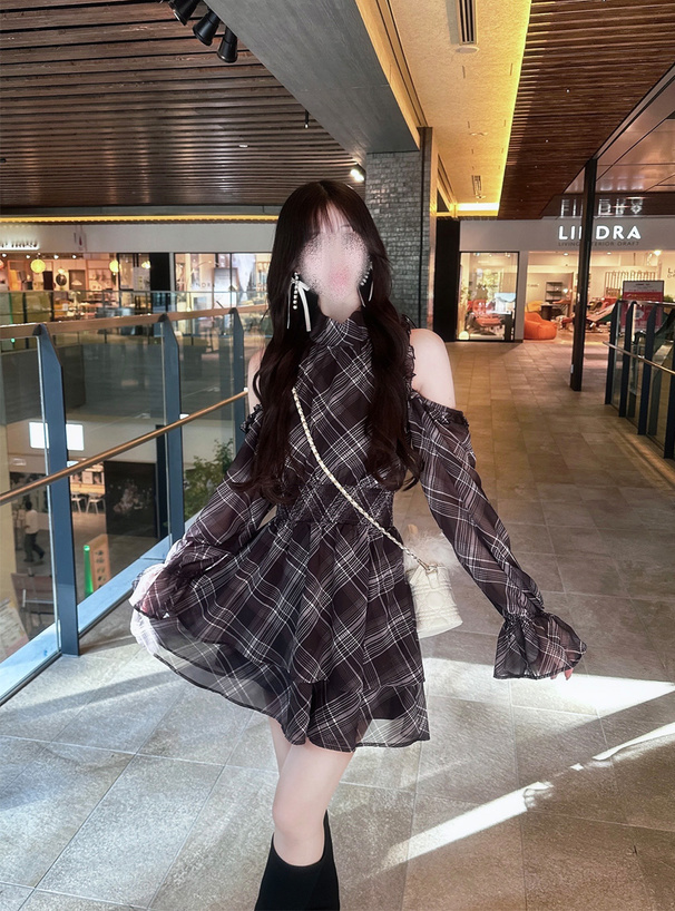 チェック柄ショルダーオープンリボンミニワンピース[pm810