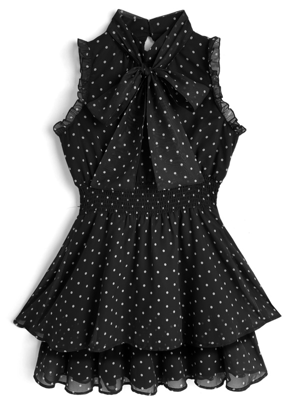2Wayドット柄ショルダーオープンリボンミニワンピース