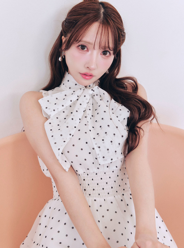 2Wayドット柄ショルダーオープンリボンミニワンピース