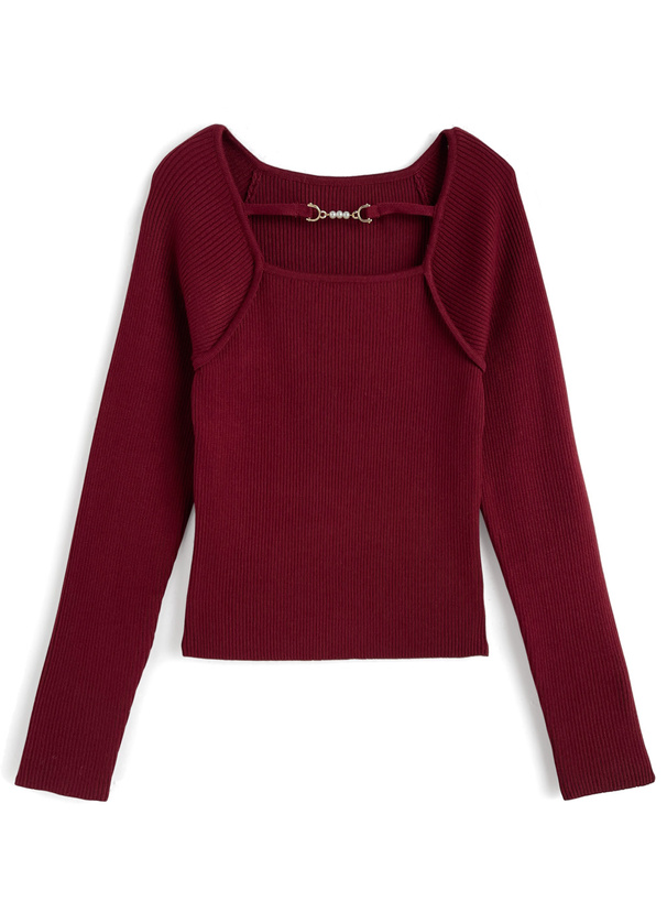 パールビットフロントオープンリブニットトップス