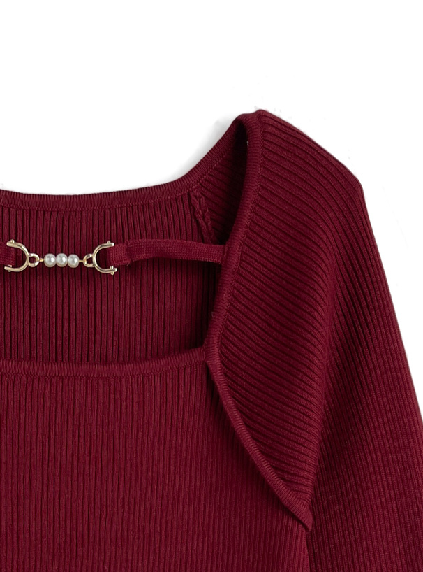 パールビットフロントオープンリブニットトップス