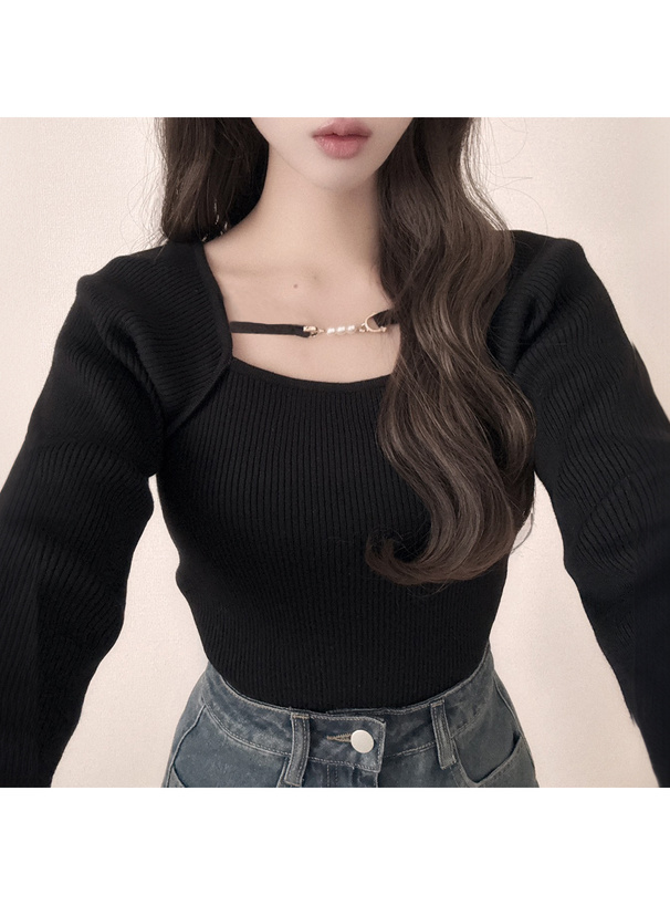 パールビットフロントオープンリブニットトップス