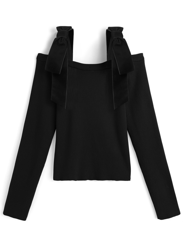 ベロアリボンオフショルダーリブニットトップス[pm812]