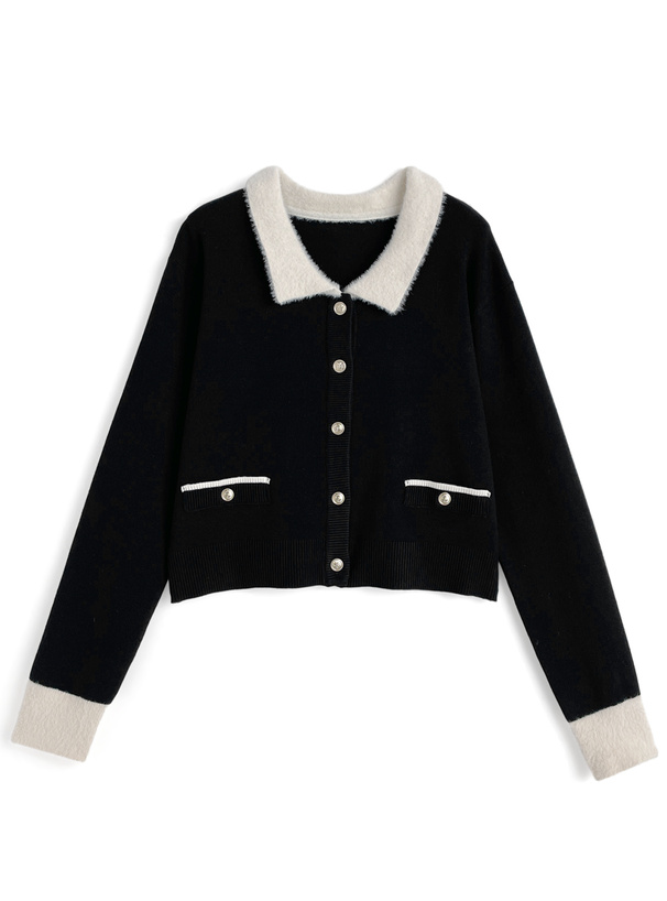 シャギーカラー配色ニットカーディガン