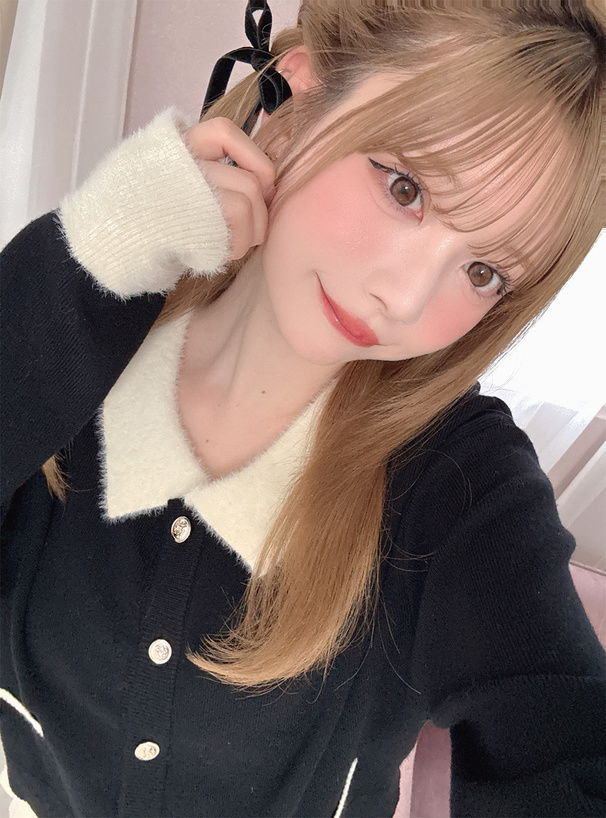 シャギーカラー配色ニットカーディガン