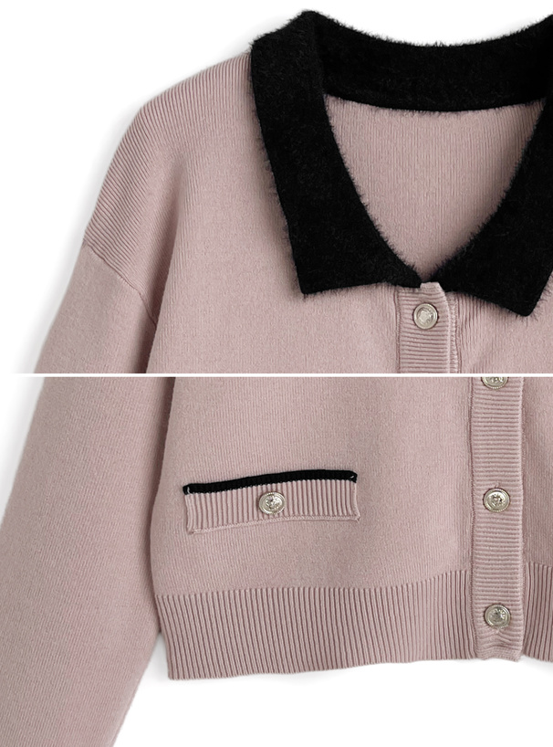 シャギーカラー配色ニットカーディガン