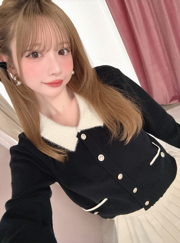 シャギーカラー配色ニットカーディガン