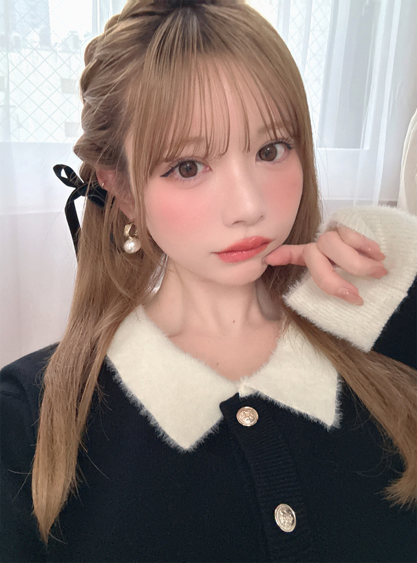 シャギーカラー配色ニットカーディガン