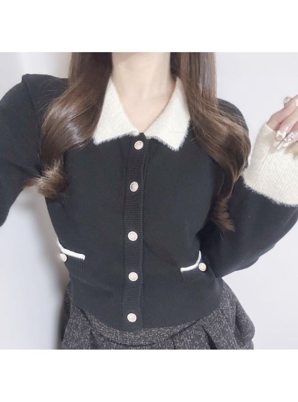 シャギーカラー配色ニットカーディガン