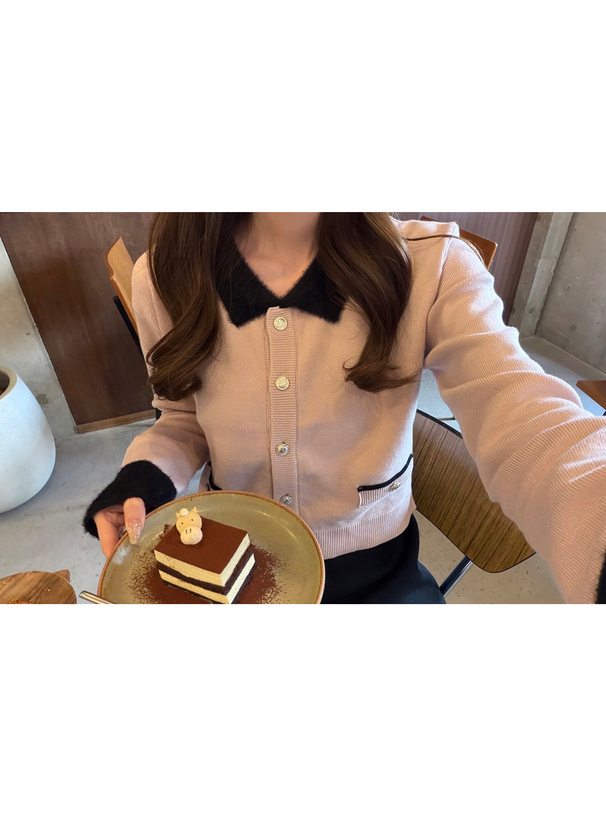 シャギーカラー配色ニットカーディガン