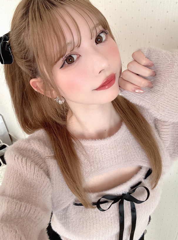 フロントオープンリボンシャギーリブニットトップス[pm828