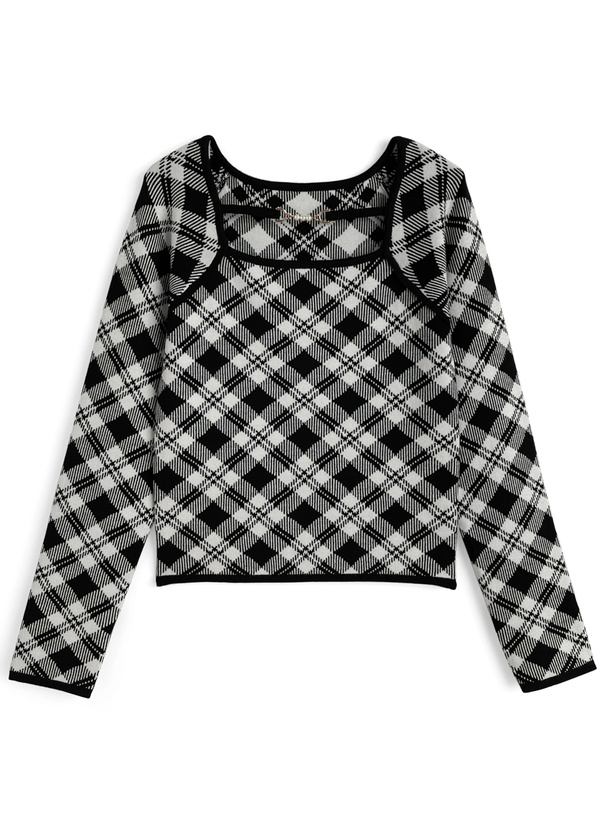 チェック柄パールビットニットトップス
