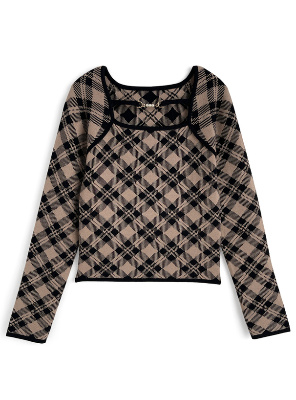 チェック柄パールビットニットトップス