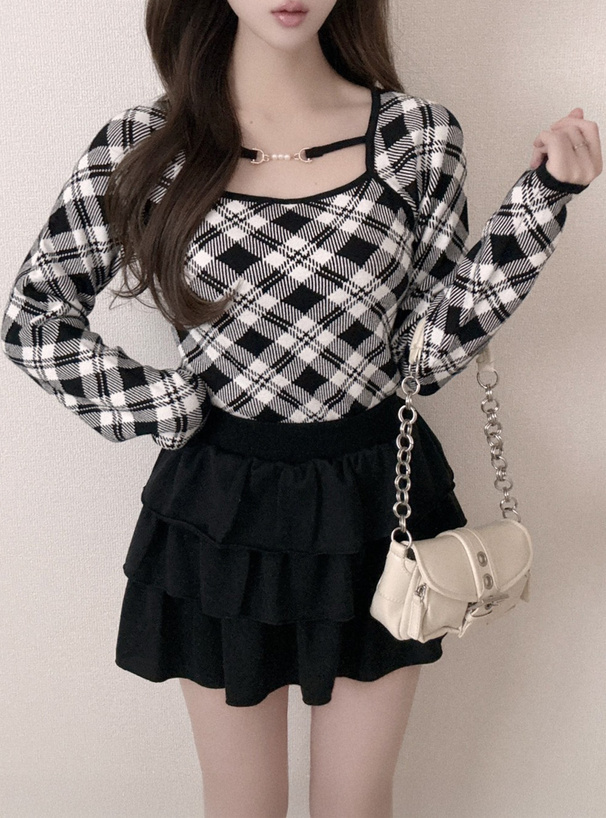チェック柄パールビットニットトップス