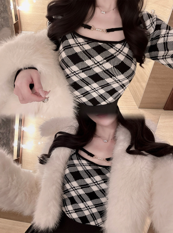 チェック柄パールビットニットトップス[pm829] | レディース