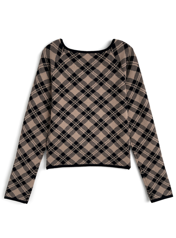 チェック柄パールビットニットトップス