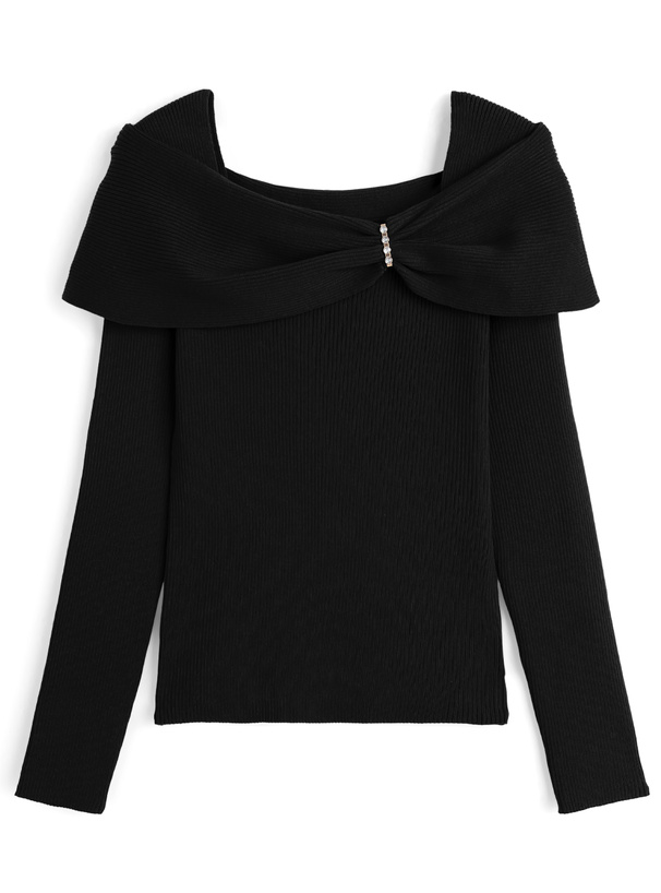 リボンビジューオフショルダーリブニットトップス[pm830]