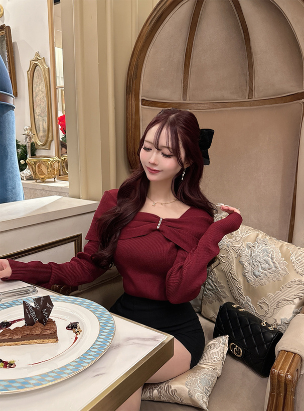 リボンビジューオフショルダーリブニットトップス[pm830] | レディース