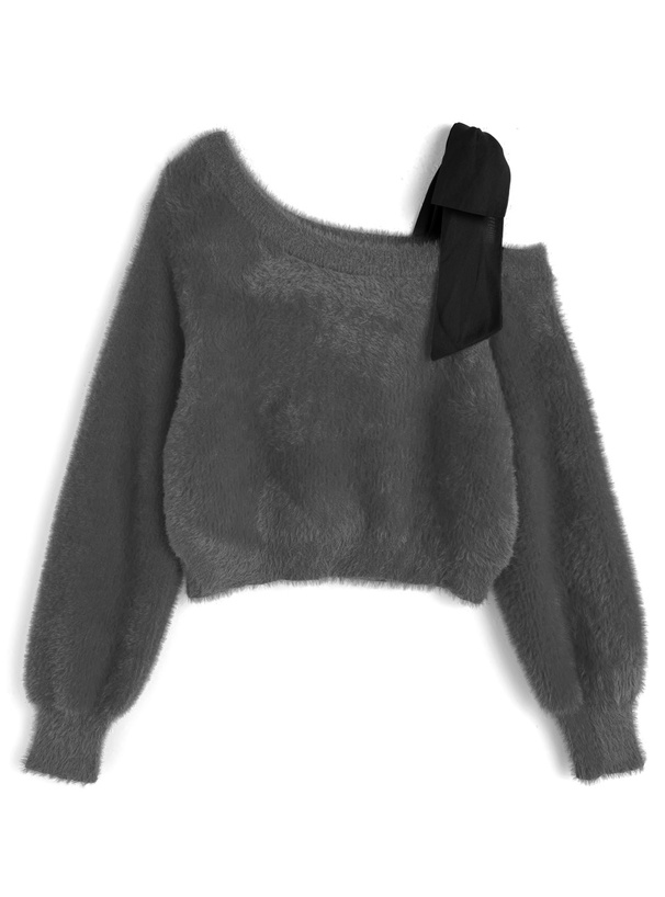 ワンショルダーリボンシャギーニットトップス[pm842]