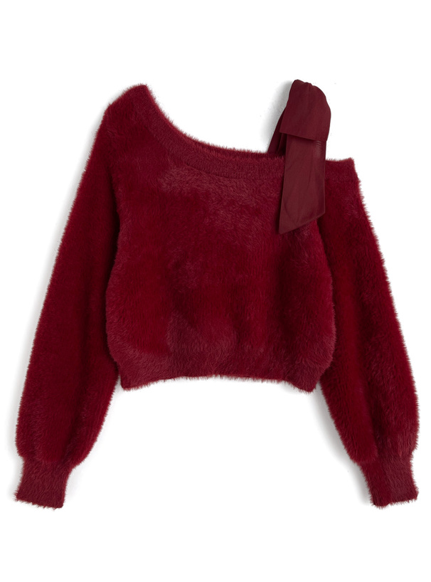 ワンショルダーリボンシャギーニットトップス