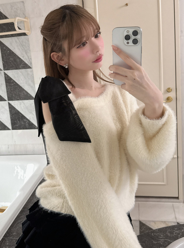 ワンショルダーリボンシャギーニットトップス