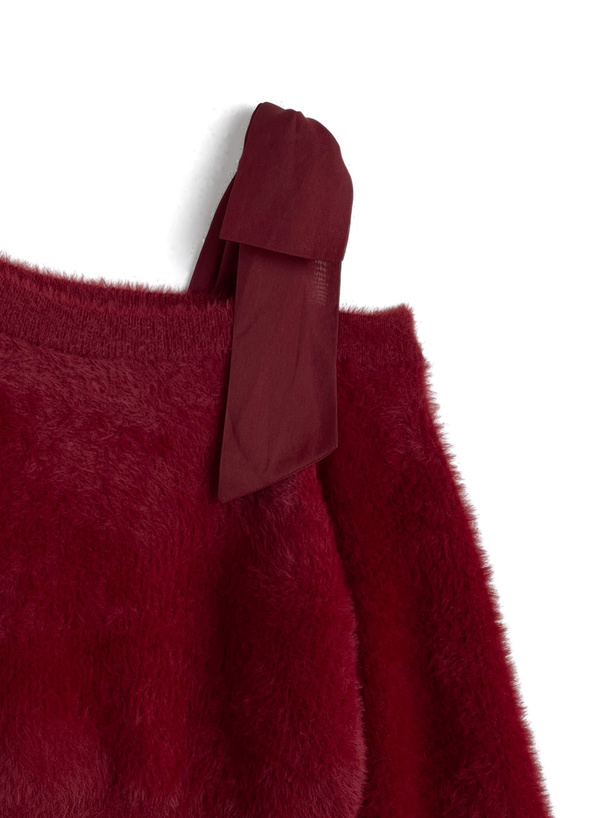 ワンショルダーリボンシャギーニットトップス