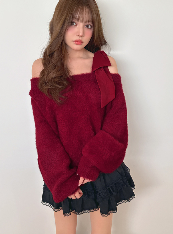 ワンショルダーリボンシャギーニットトップス