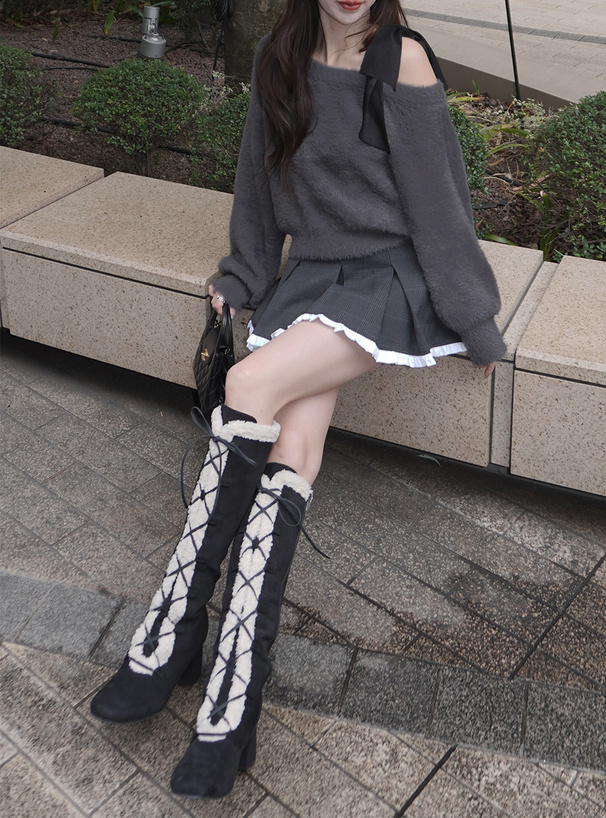 ワンショルダーリボンシャギーニットトップス