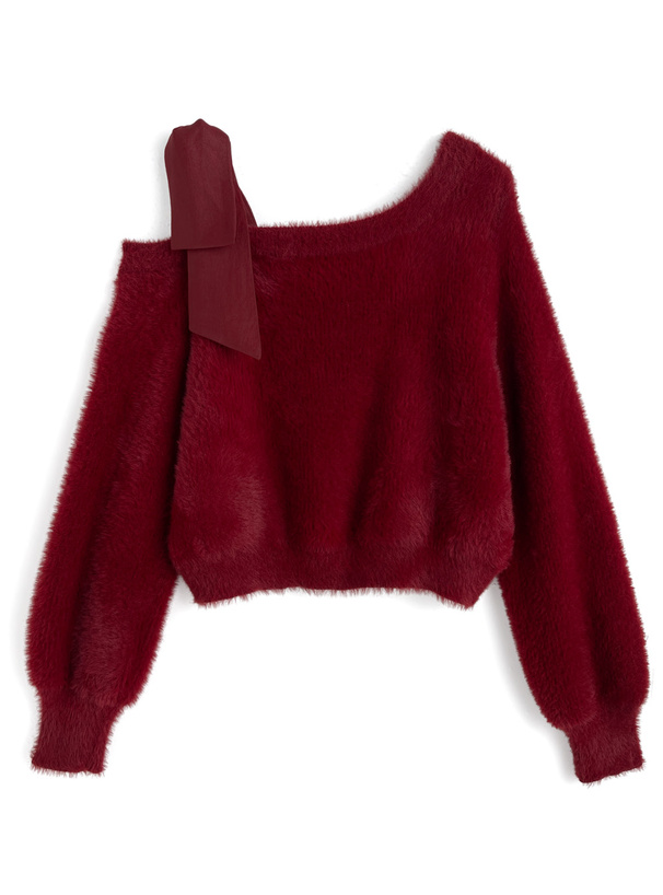 ワンショルダーリボンシャギーニットトップス