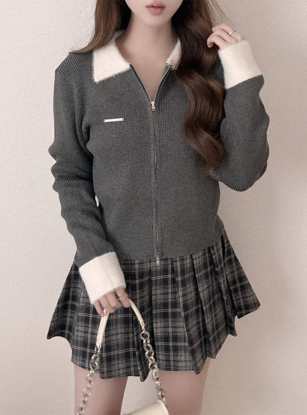 シャギーカラーダブルジップニットトップス