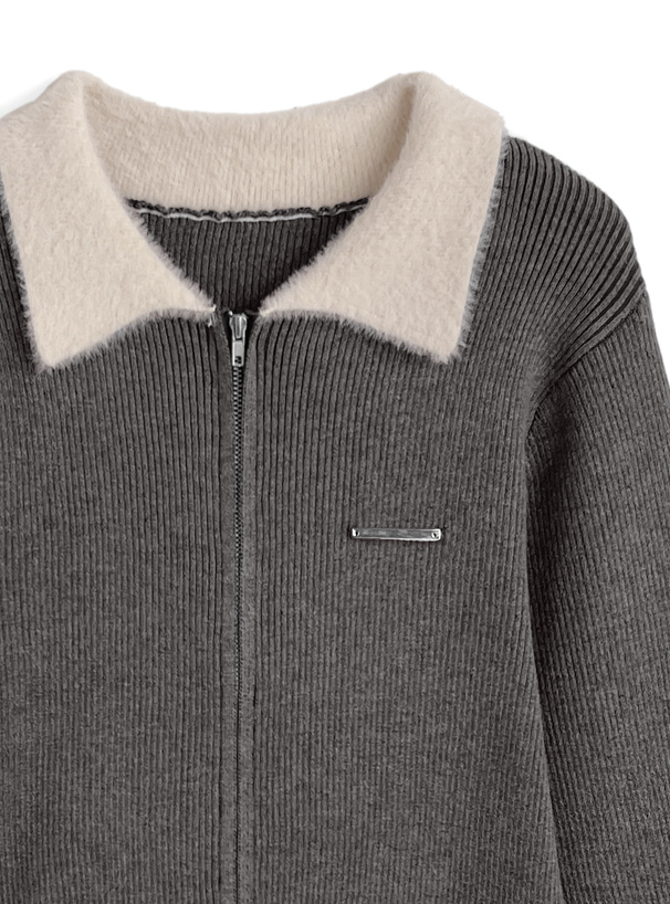 シャギーカラーダブルジップニットトップス