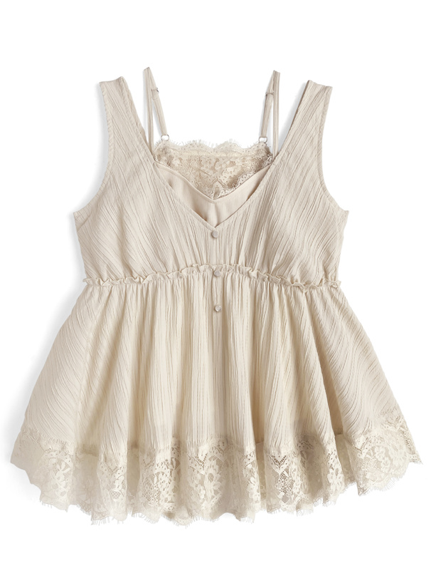 キャミソールレイヤード風レースフレアトップス