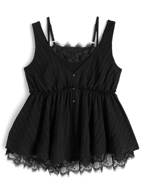 キャミソールレイヤード風レースフレアトップス