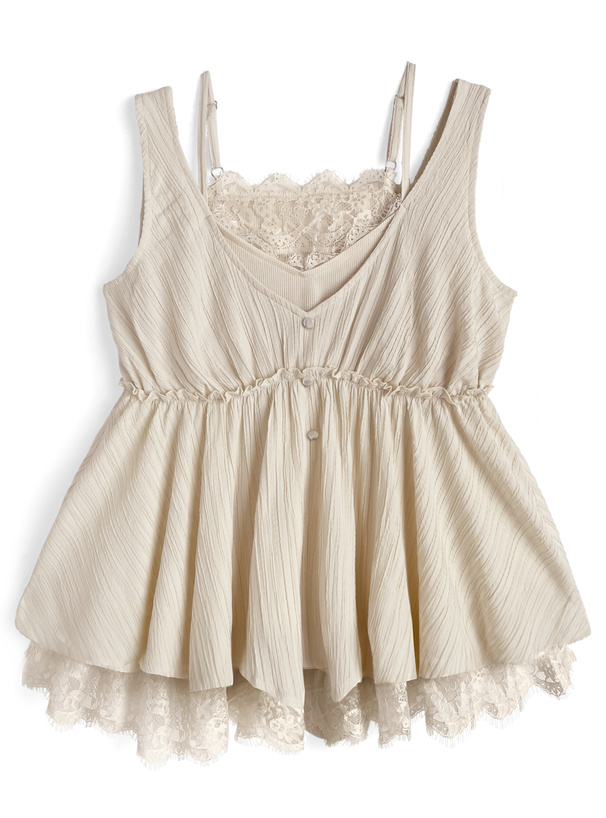 キャミソールレイヤード風レースフレアトップス