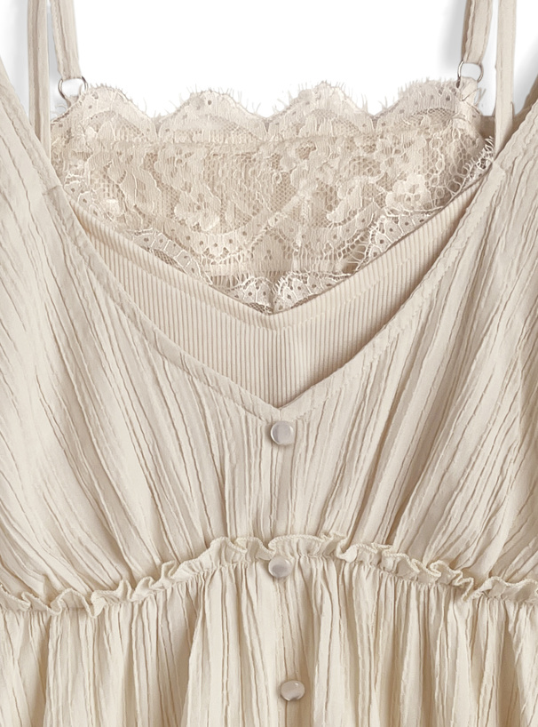 キャミソールレイヤード風レースフレアトップス