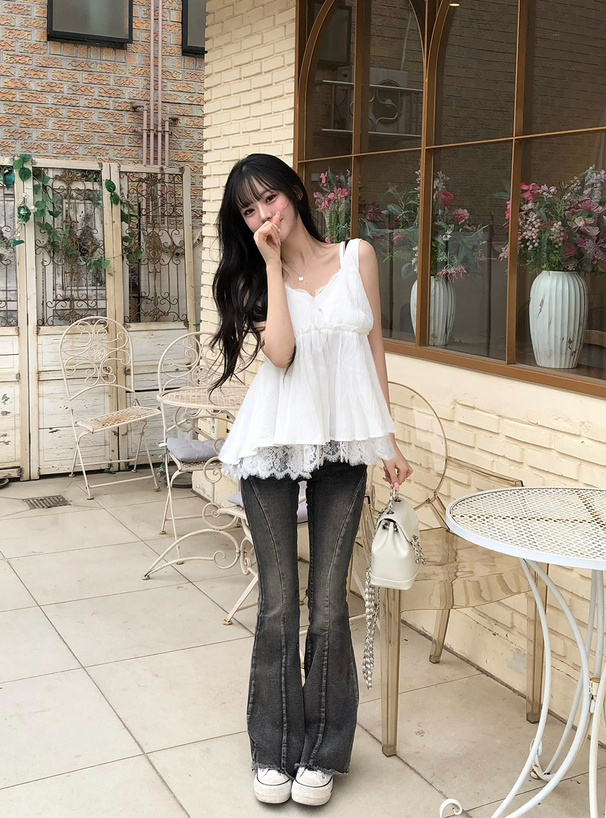 キャミソールレイヤード風レースフレアトップス