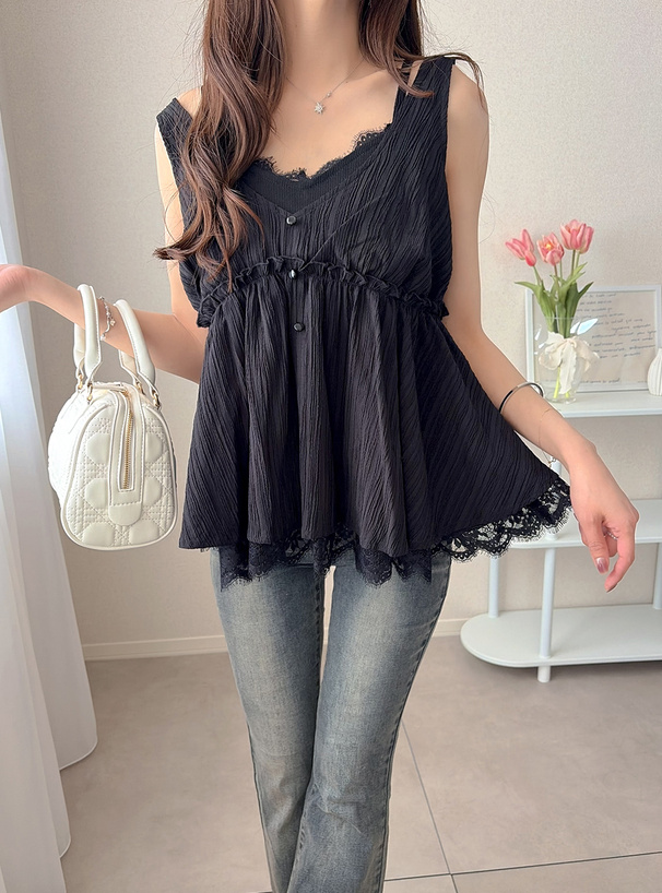 キャミソールレイヤード風レースフレアトップス