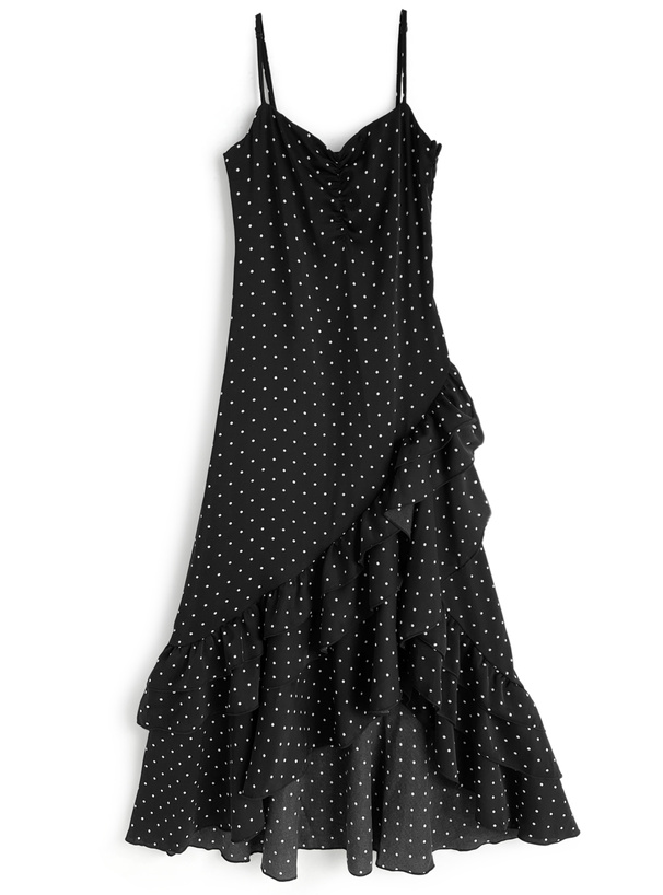 ドット柄アシンメトリーフリルキャミソールワンピース