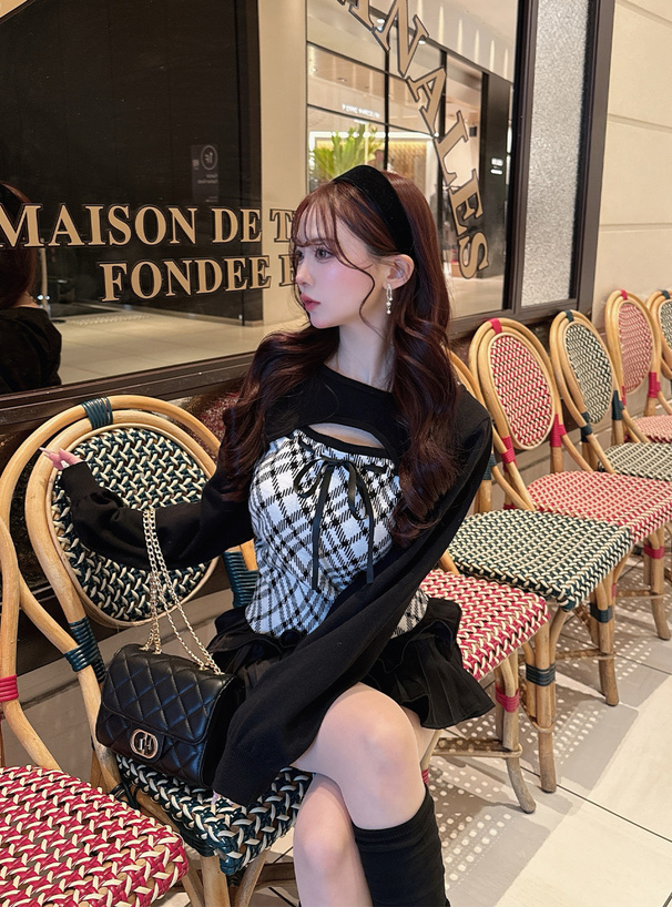 チェック柄フロントオープンリボンニットトップス[pm857] | レディース