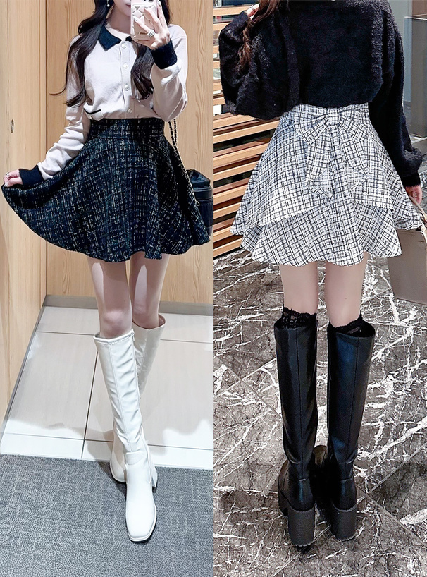 インパン裏地付きバックリボンツイードフレアミニスカート