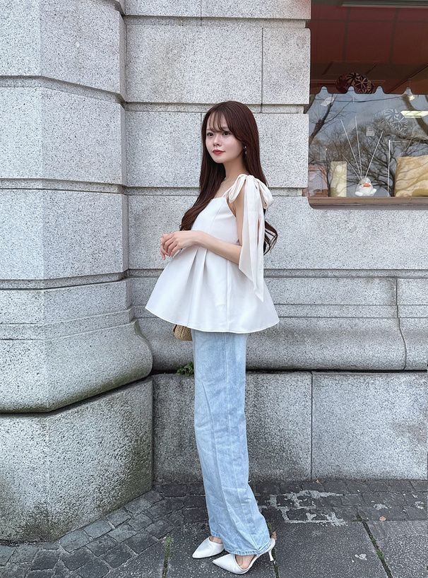 オーガンジーリボンショルダーペプラムビスチェ